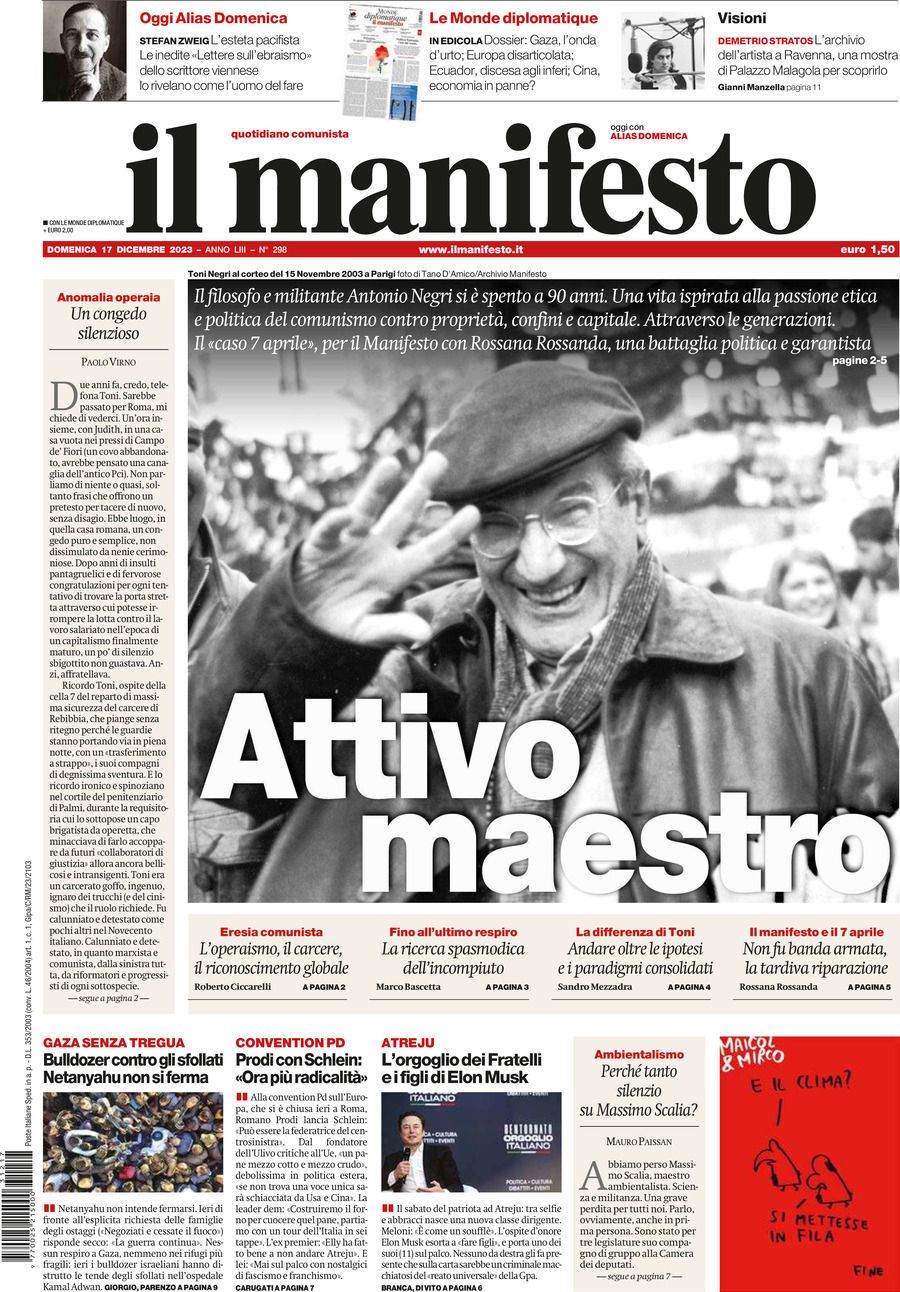 Prima Pagina Il Manifesto 17/12/2023