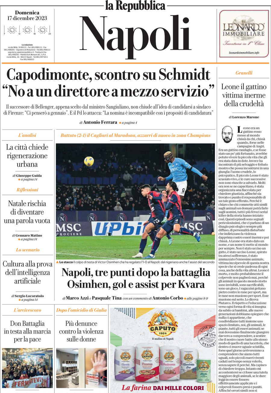 Repubblica Napoli prima pagina di oggi Domenica 17 Dicembre 2023