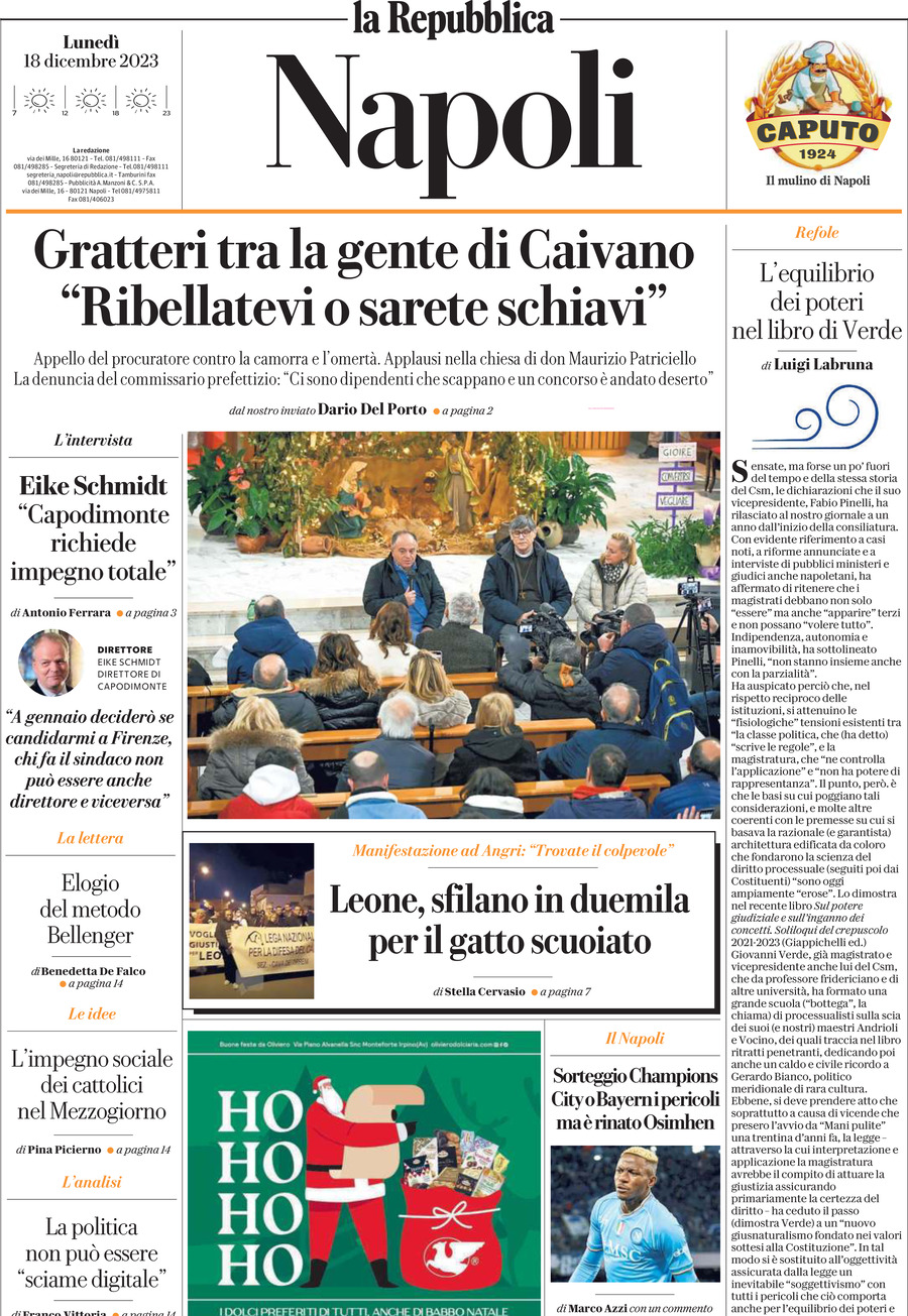 Repubblica Napoli prima pagina di oggi Lunedì 18 Dicembre 2023