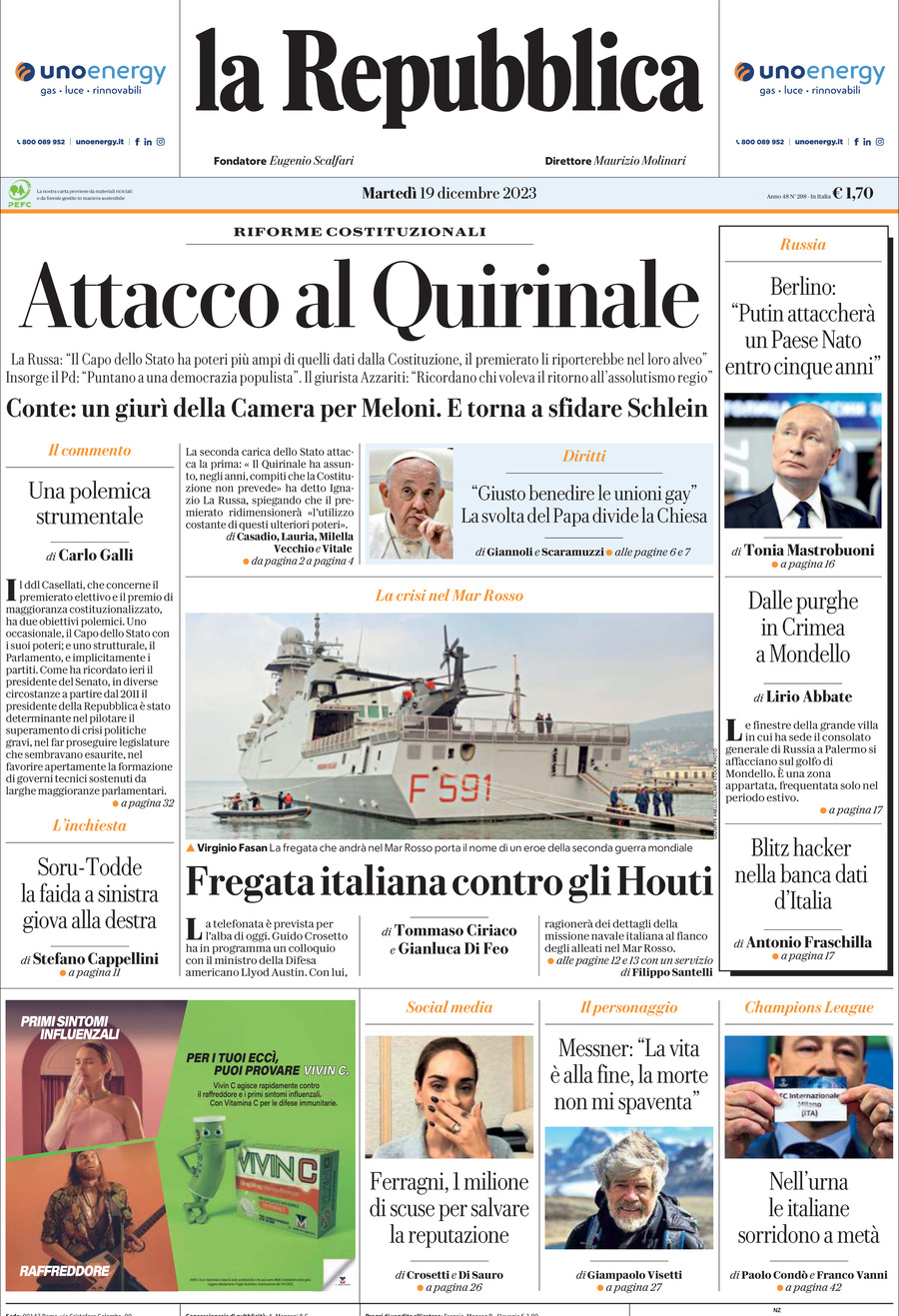 Prima Pagina La Repubblica 19/12/2023