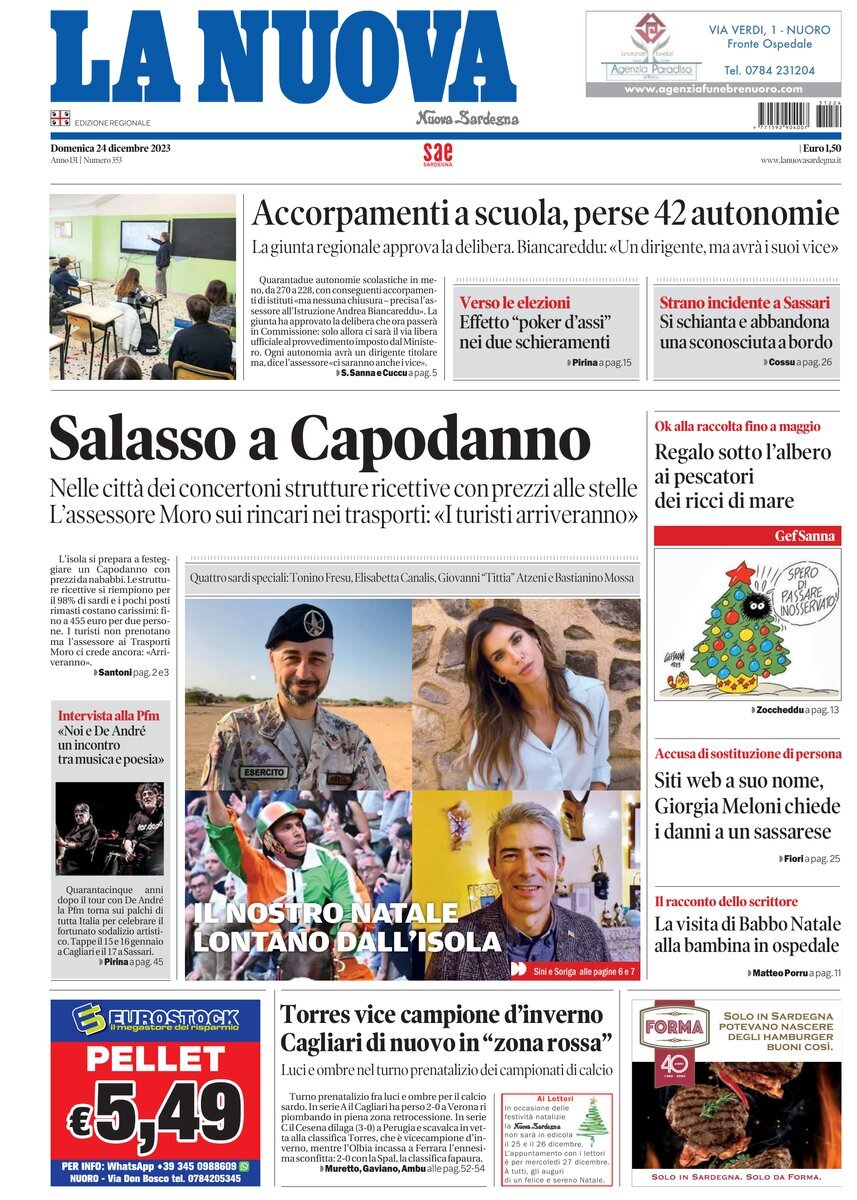 Prima Pagina La Nuova Sardegna 24/12/2023