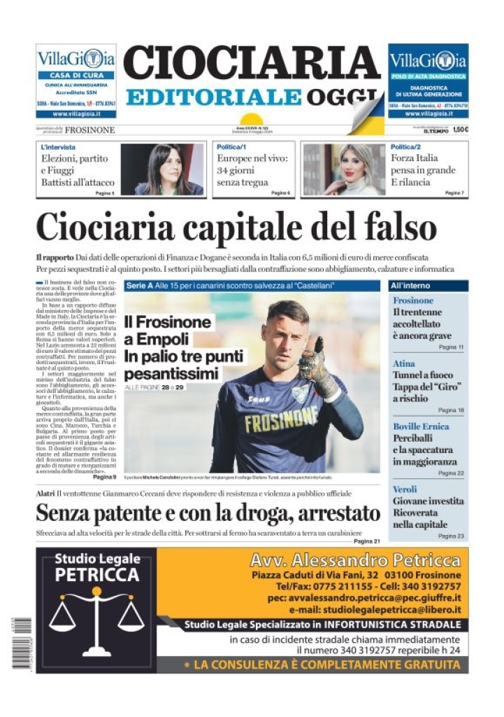 Prima Pagina Ciociaria Editoriale Oggi 05/05/2024