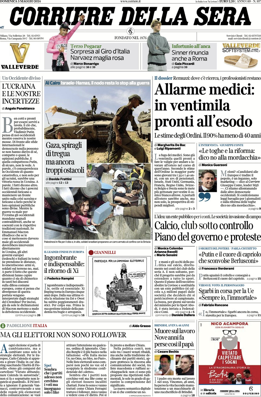 Prima Pagina Corriere della Sera 05/05/2024