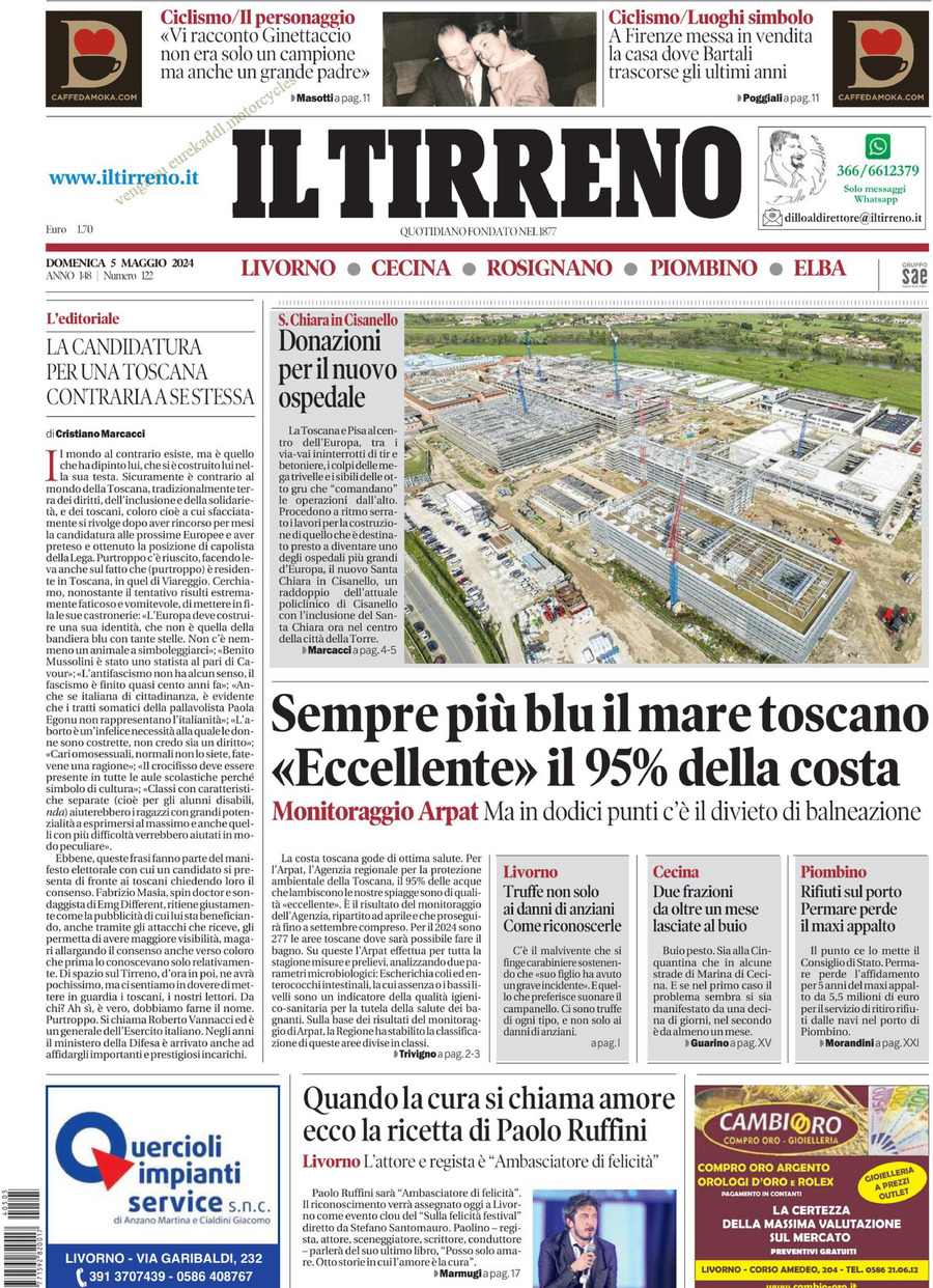 Prima Pagina Il Tirreno (Livorno, Cecina) 05/05/2024