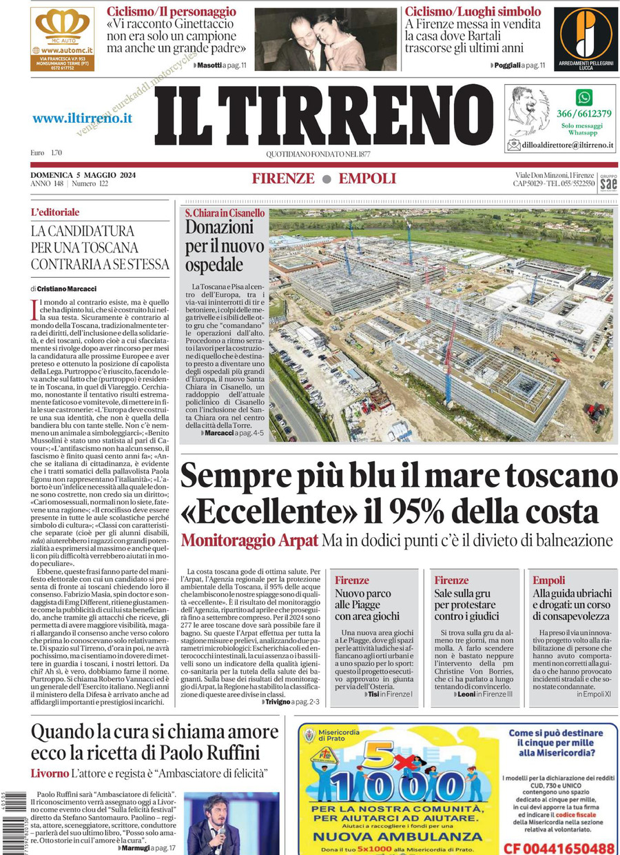 Prima Pagina Il Tirreno (Firenze, Empoli) 05/05/2024