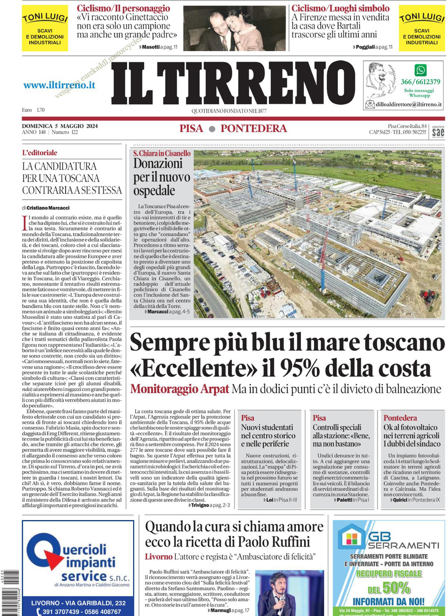 Prima Pagina Il Tirreno (Pisa, Pontedera) 05/05/2024