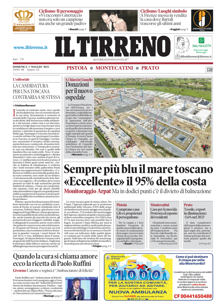 Prima Pagina Il Tirreno (Pistoia, Montecatini, Prato) 05/05/2024