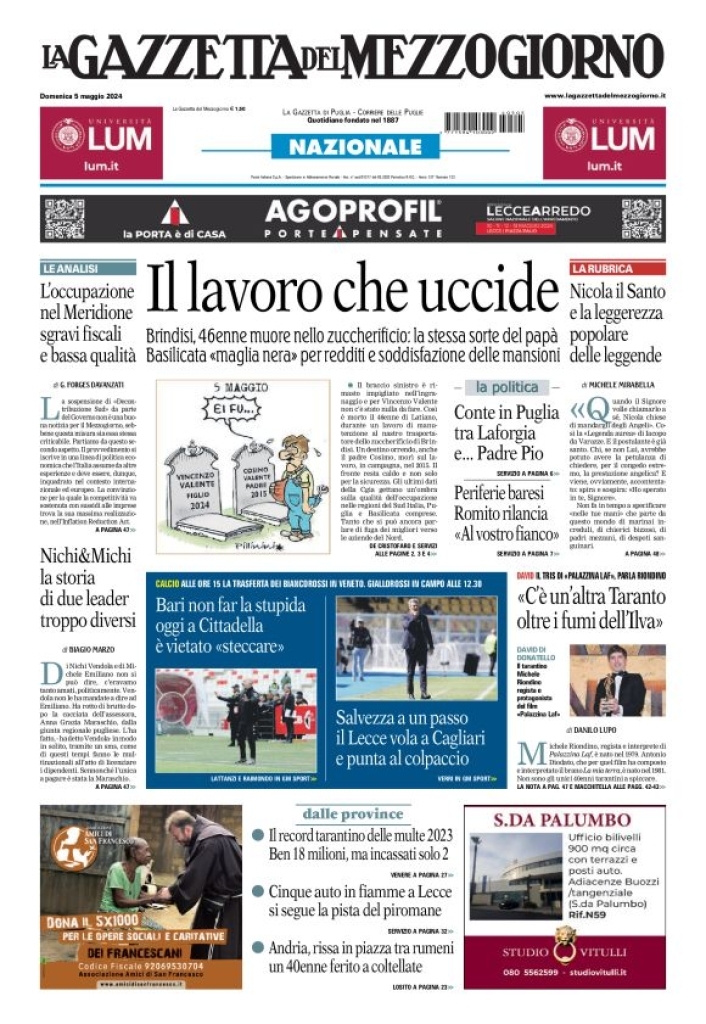 Prima Pagina La Gazzetta del Mezzogiorno (Basilicata) 05/05/2024