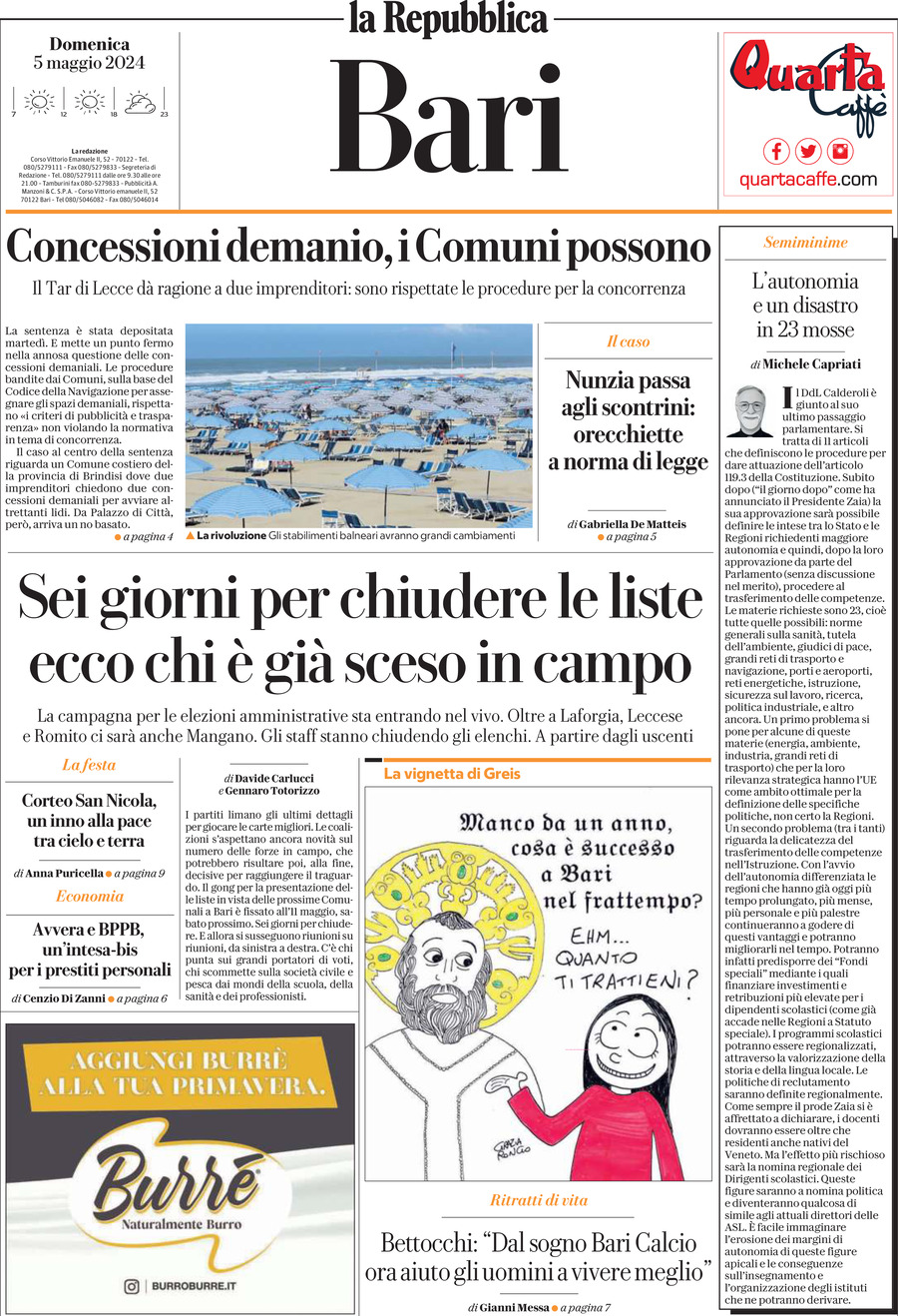 Prima Pagina La Repubblica (Bari) 05/05/2024