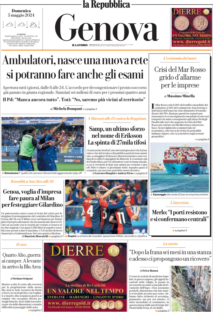 Prima Pagina La Repubblica (Genova) 05/05/2024
