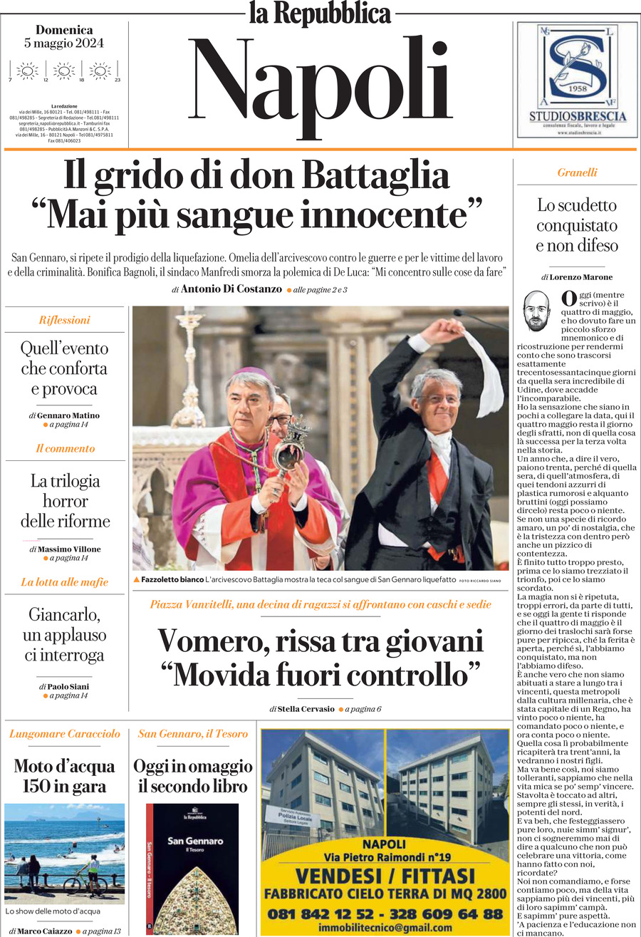 Prima Pagina La Repubblica (Napoli) 05/05/2024