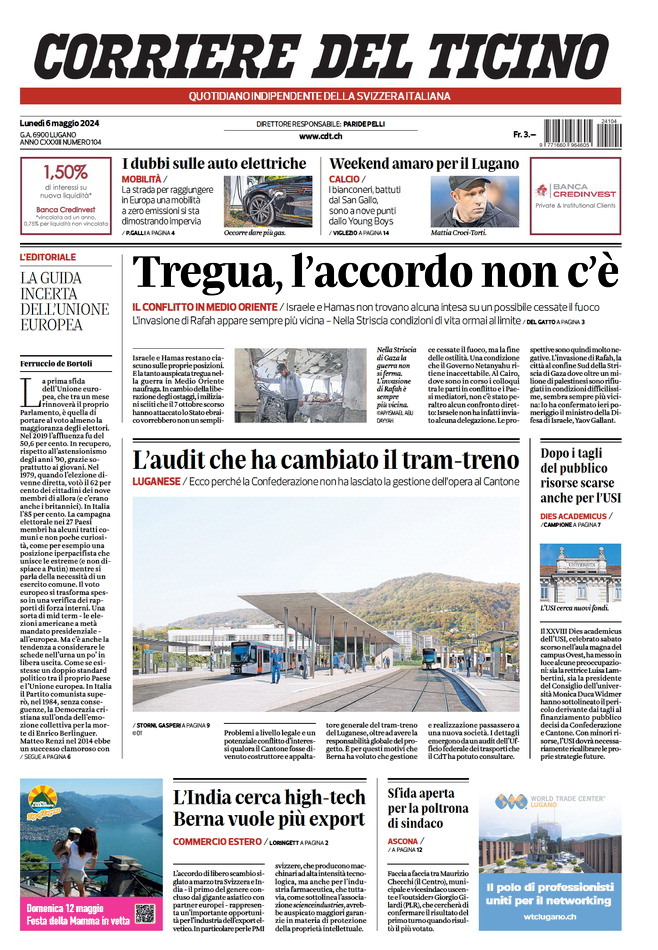 Prima Pagina Corriere del Ticino 06/05/2024