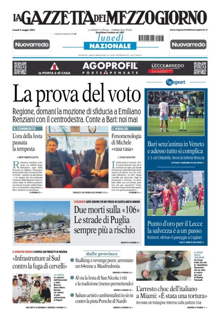 Prima Pagina La Gazzetta del Mezzogiorno (Bari) 06/05/2024