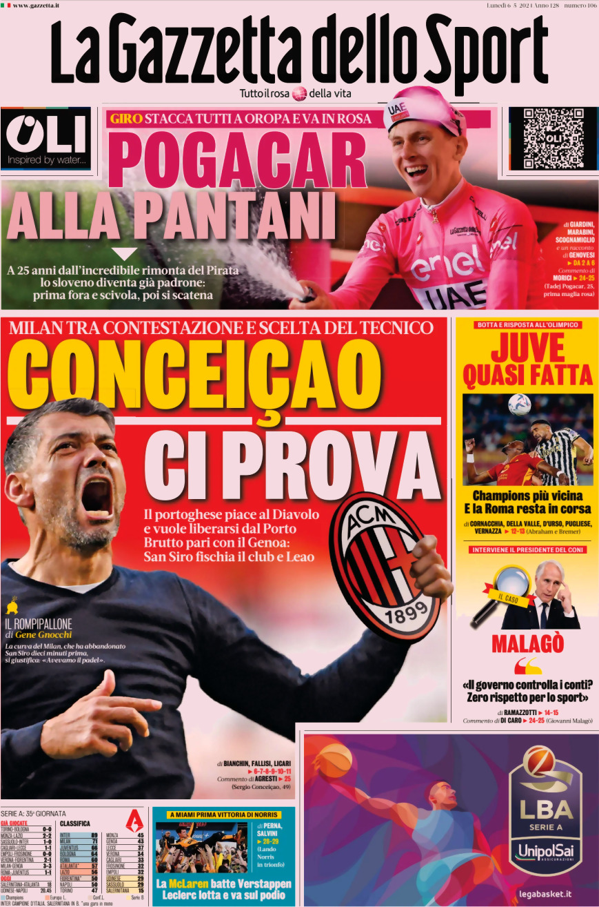 Prima Pagina La Gazzetta dello Sport 06/05/2024