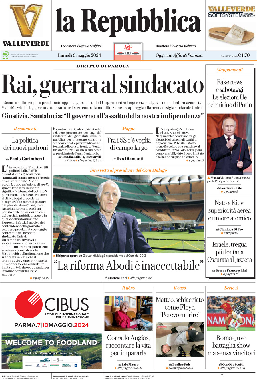 Prima Pagina La Repubblica 06/05/2024