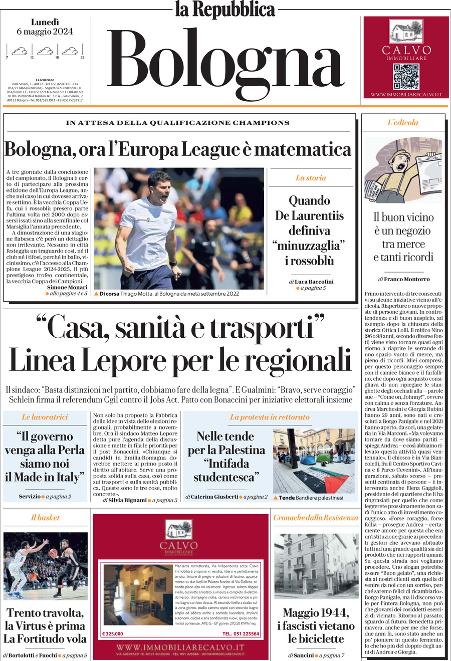 Prima Pagina La Repubblica (Bologna) 06/05/2024
