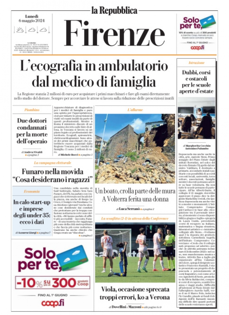 Prima Pagina La Repubblica (Firenze) 06/05/2024
