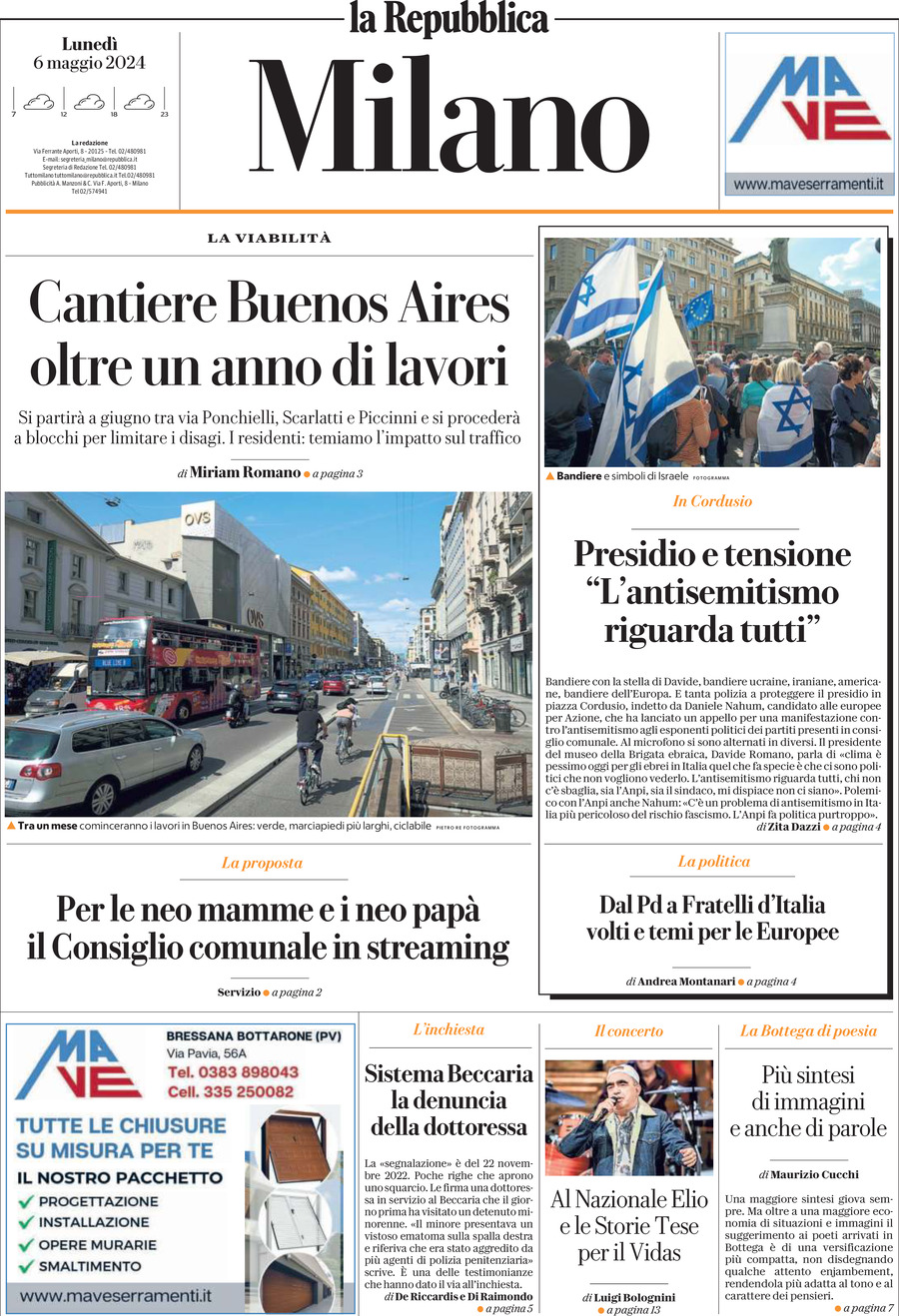 Prima Pagina La Repubblica (Milano) 06/05/2024
