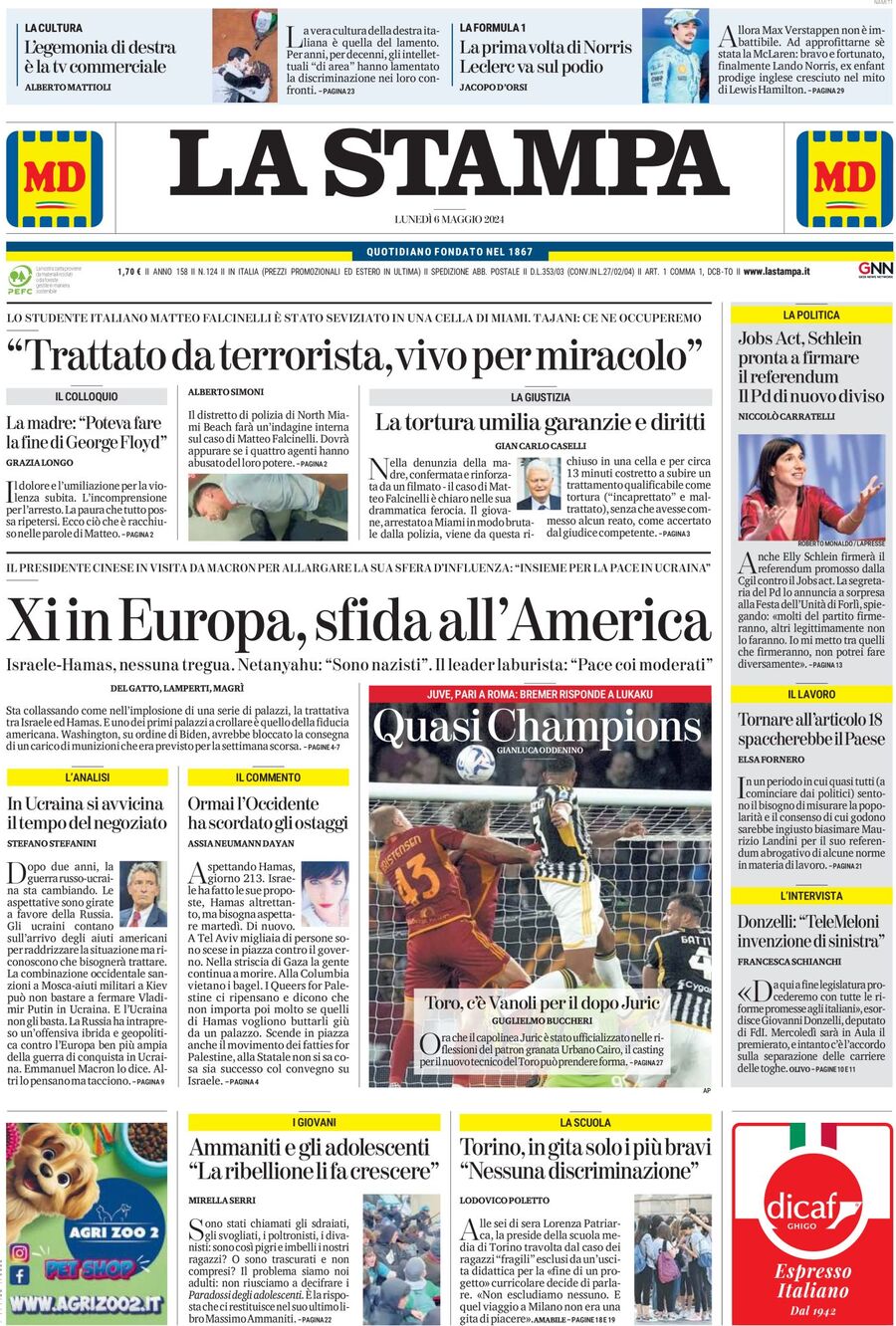 Prima Pagina La Stampa 06/05/2024