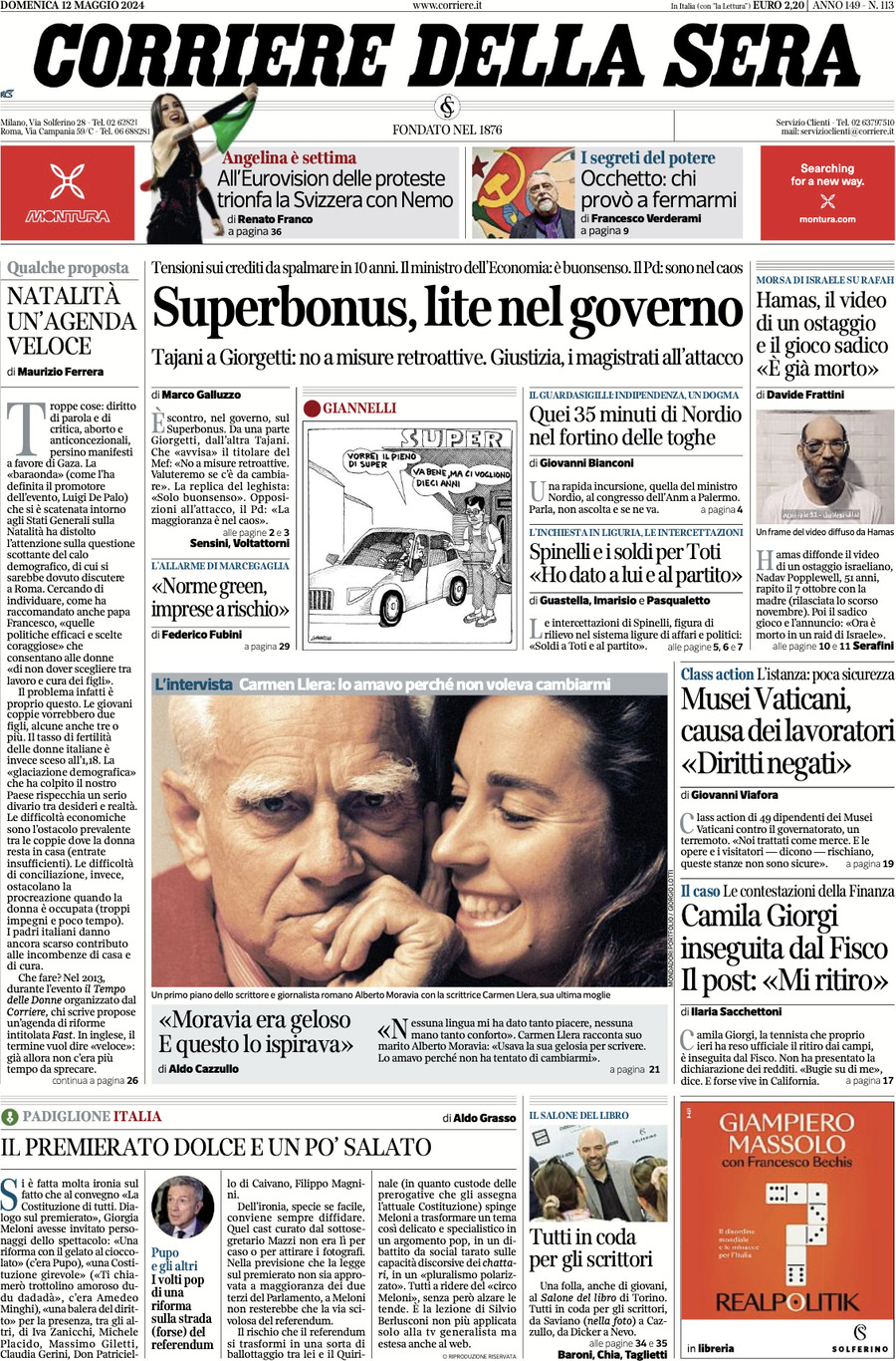 Prima Pagina Corriere della Sera 12/05/2024