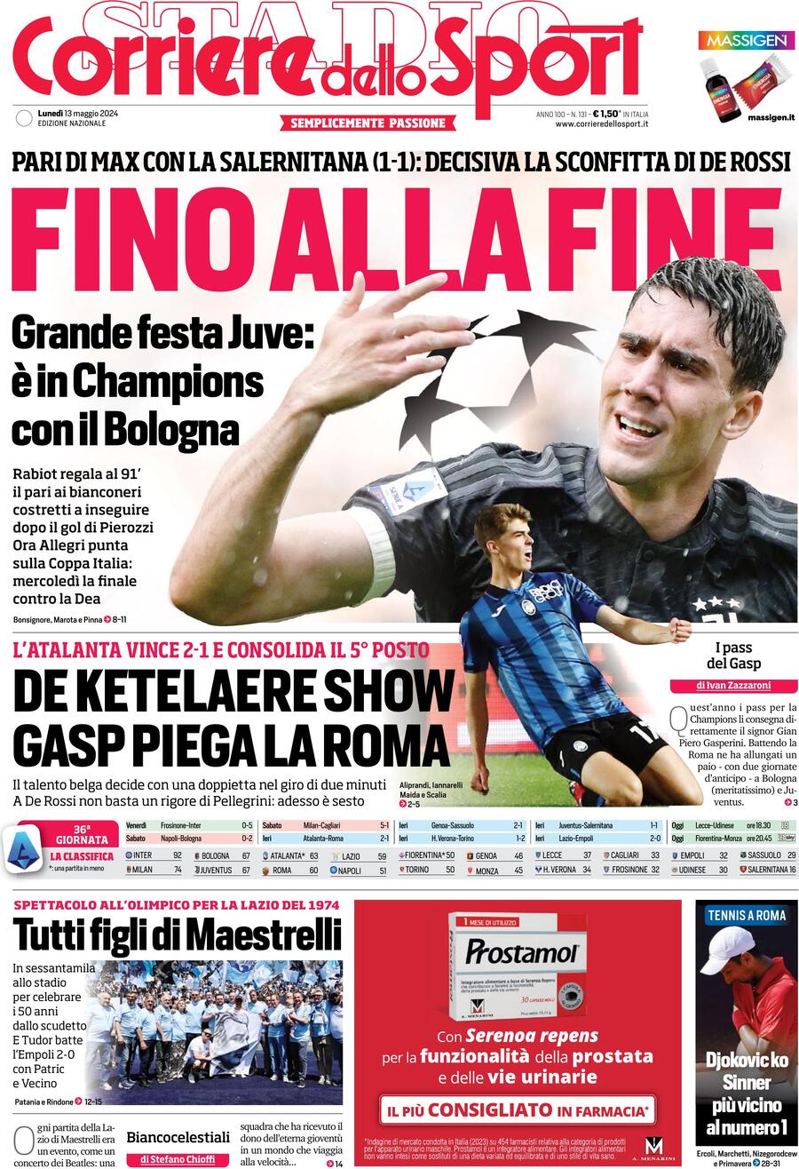 Prima Pagina Corriere dello Sport 13/05/2024