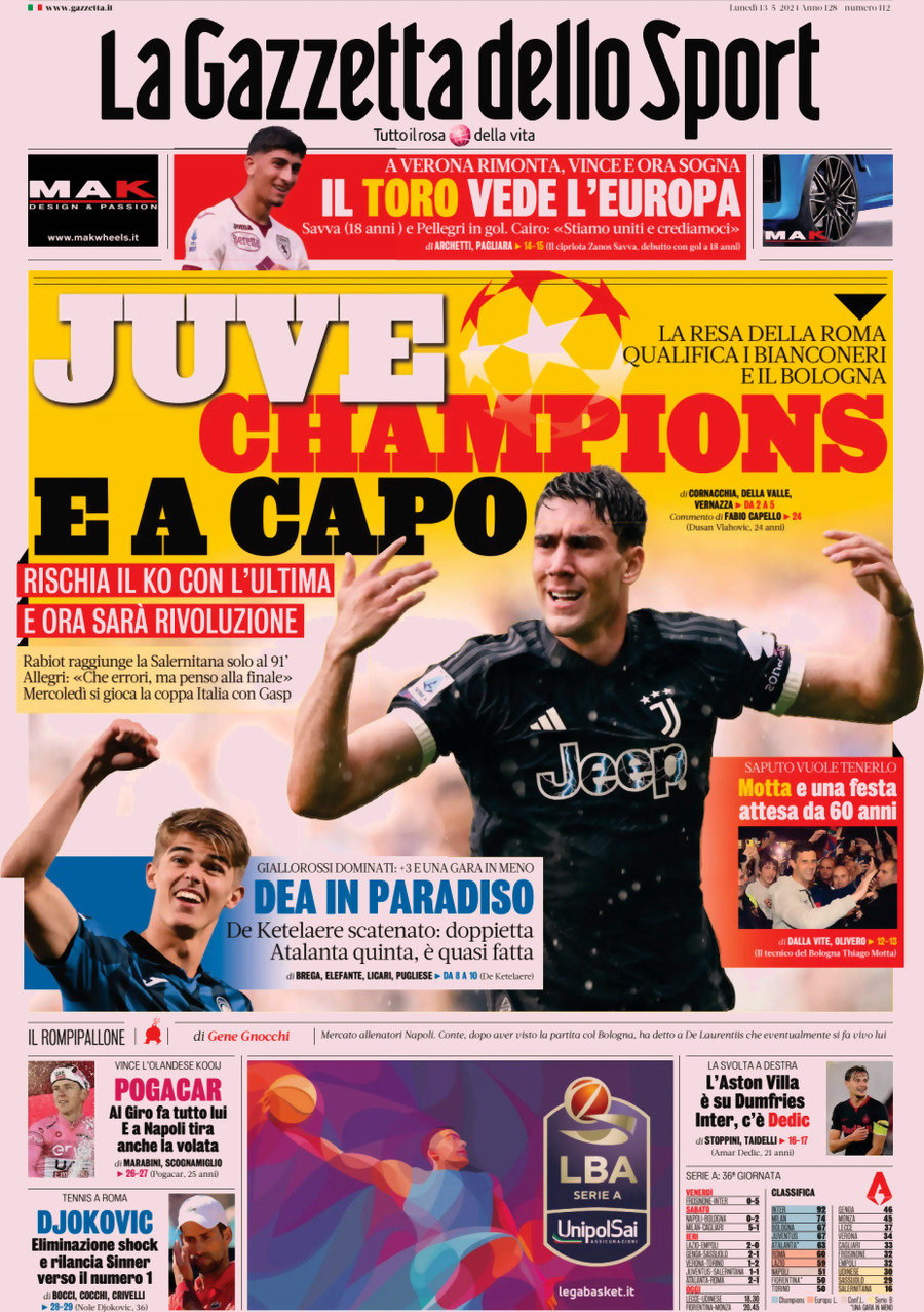 Prima Pagina La Gazzetta dello Sport 13/05/2024