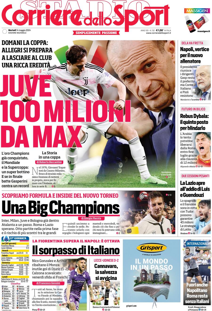 Prima Pagina Corriere dello Sport 14/05/2024