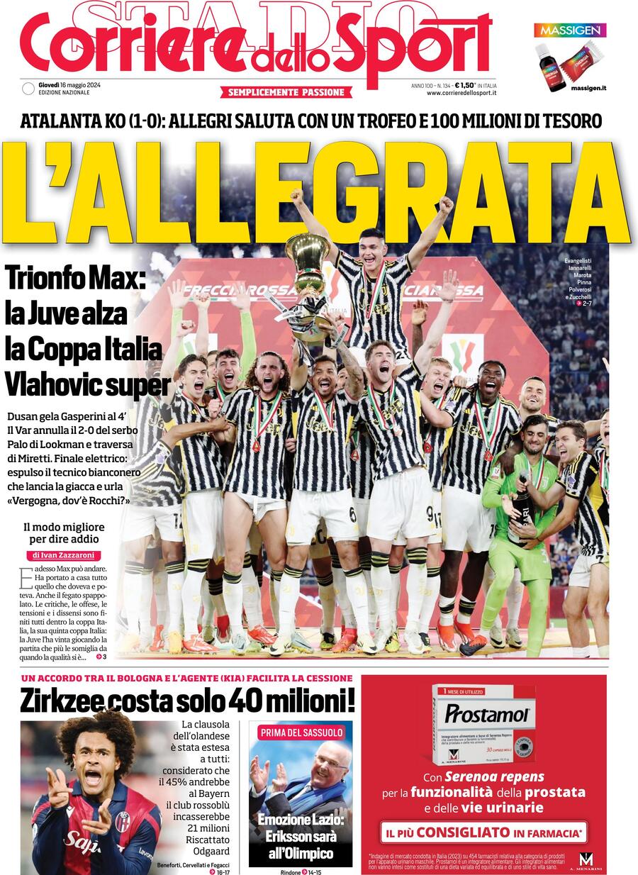 Prima Pagina Corriere dello Sport 16/05/2024