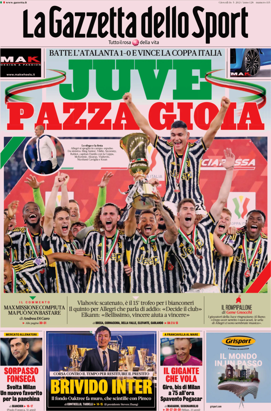 Prima Pagina La Gazzetta dello Sport 16/05/2024