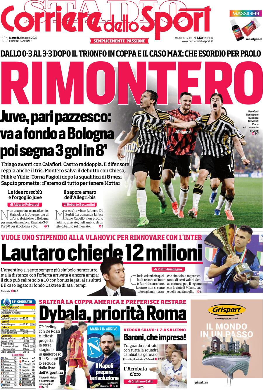 Prima Pagina Corriere dello Sport 21/05/2024