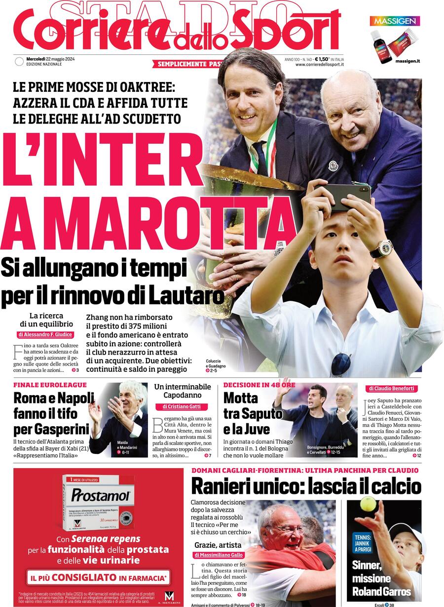 Prima Pagina Corriere dello Sport 22/05/2024