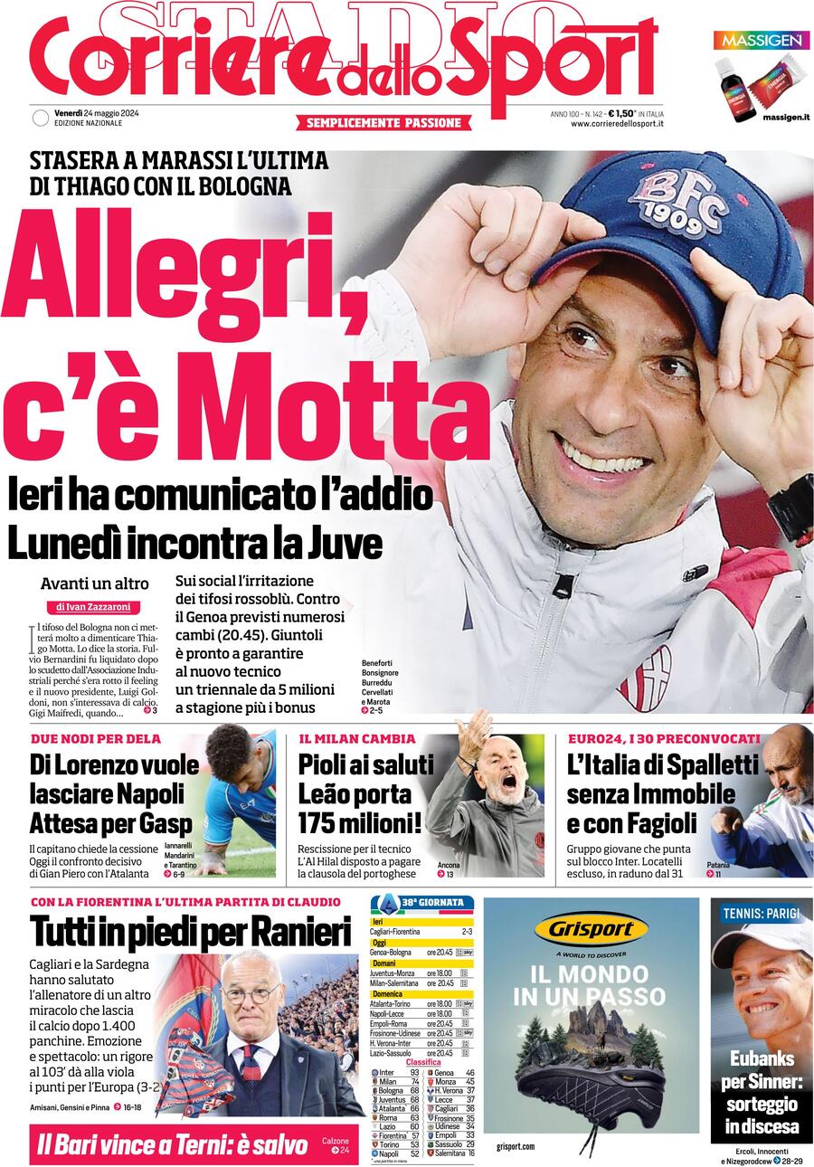 Prima Pagina Corriere dello Sport 24/05/2024