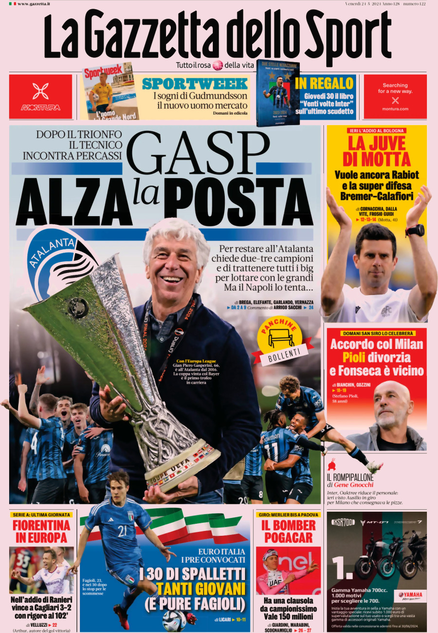 Prima Pagina La Gazzetta dello Sport 24/05/2024