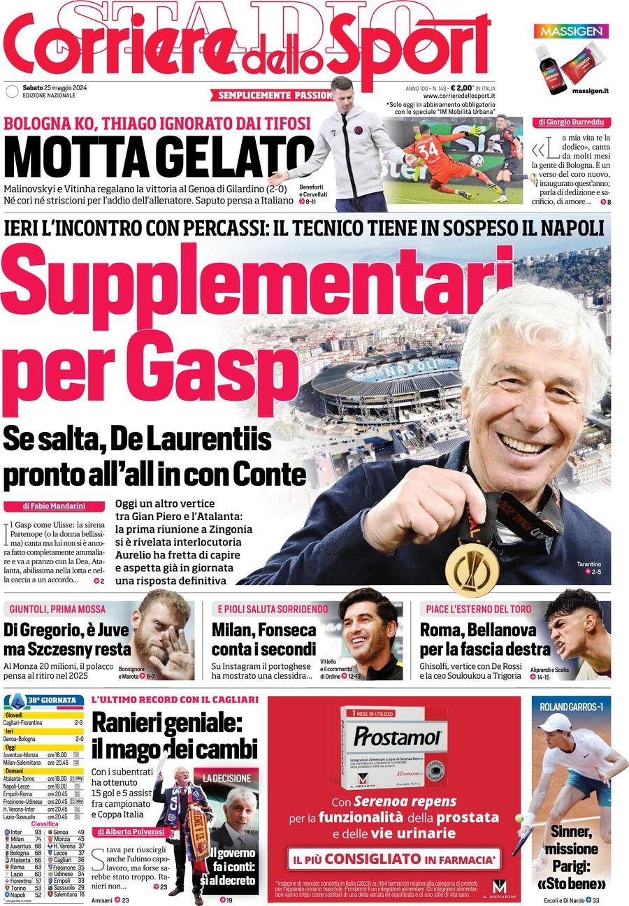 Prima Pagina Corriere dello Sport 25/05/2024
