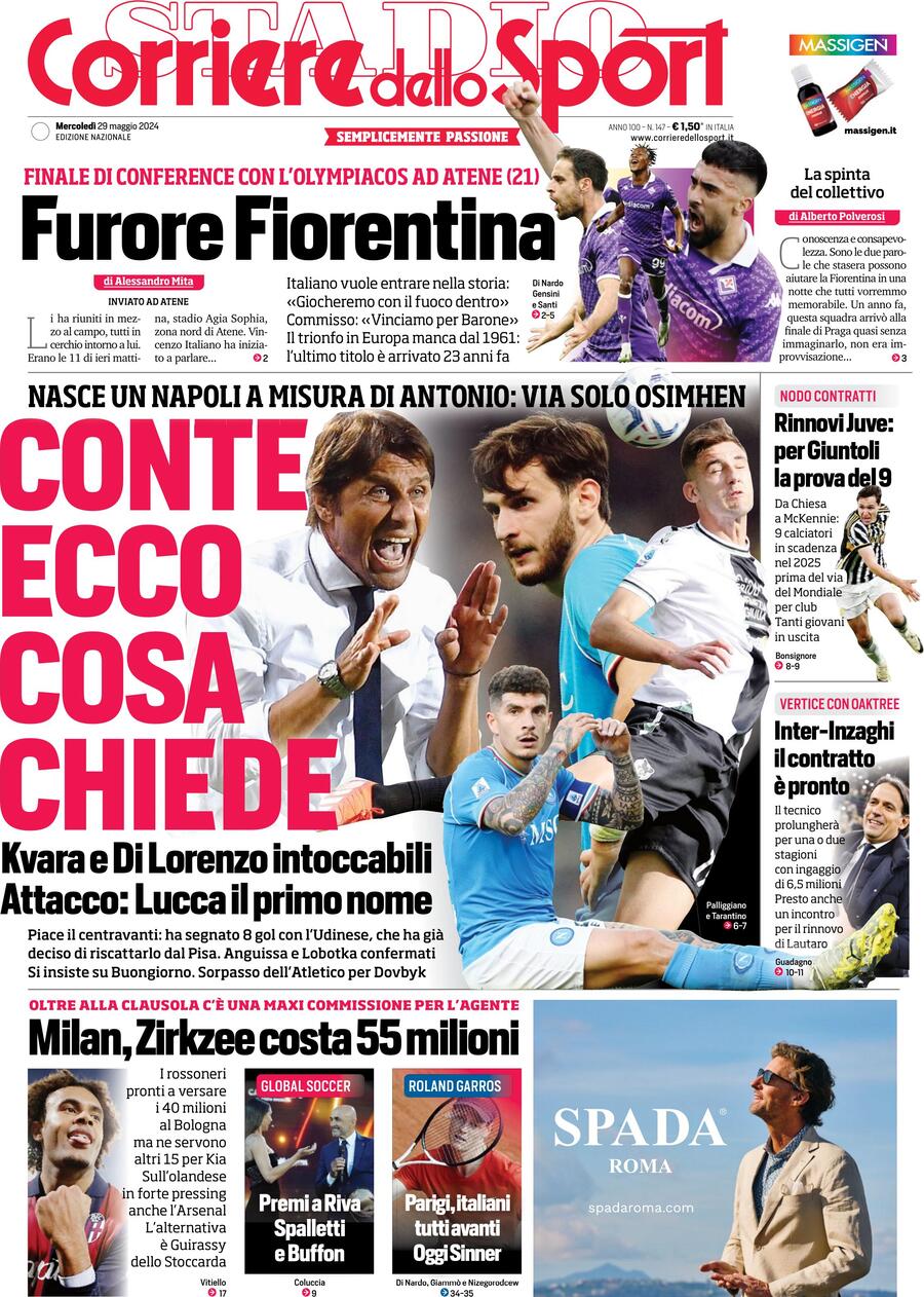 Prima Pagina Corriere dello Sport 29/05/2024