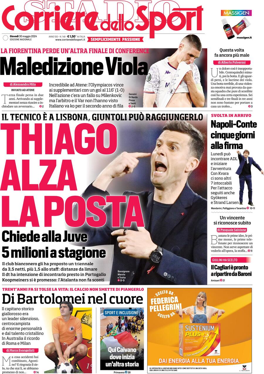 Prima Pagina Corriere dello Sport 30/05/2024