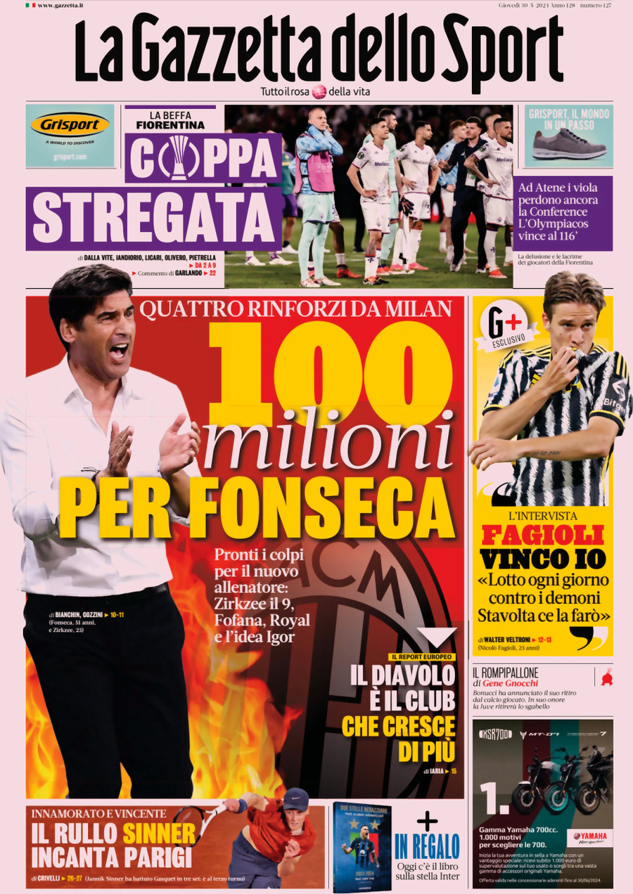 Prima Pagina La Gazzetta dello Sport 30/05/2024