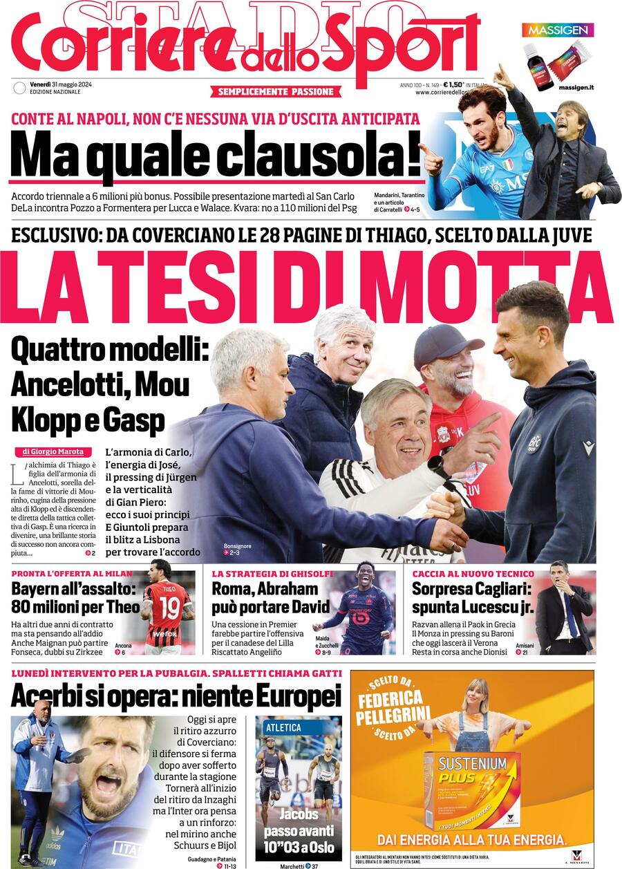 Prima Pagina Corriere dello Sport 31/05/2024
