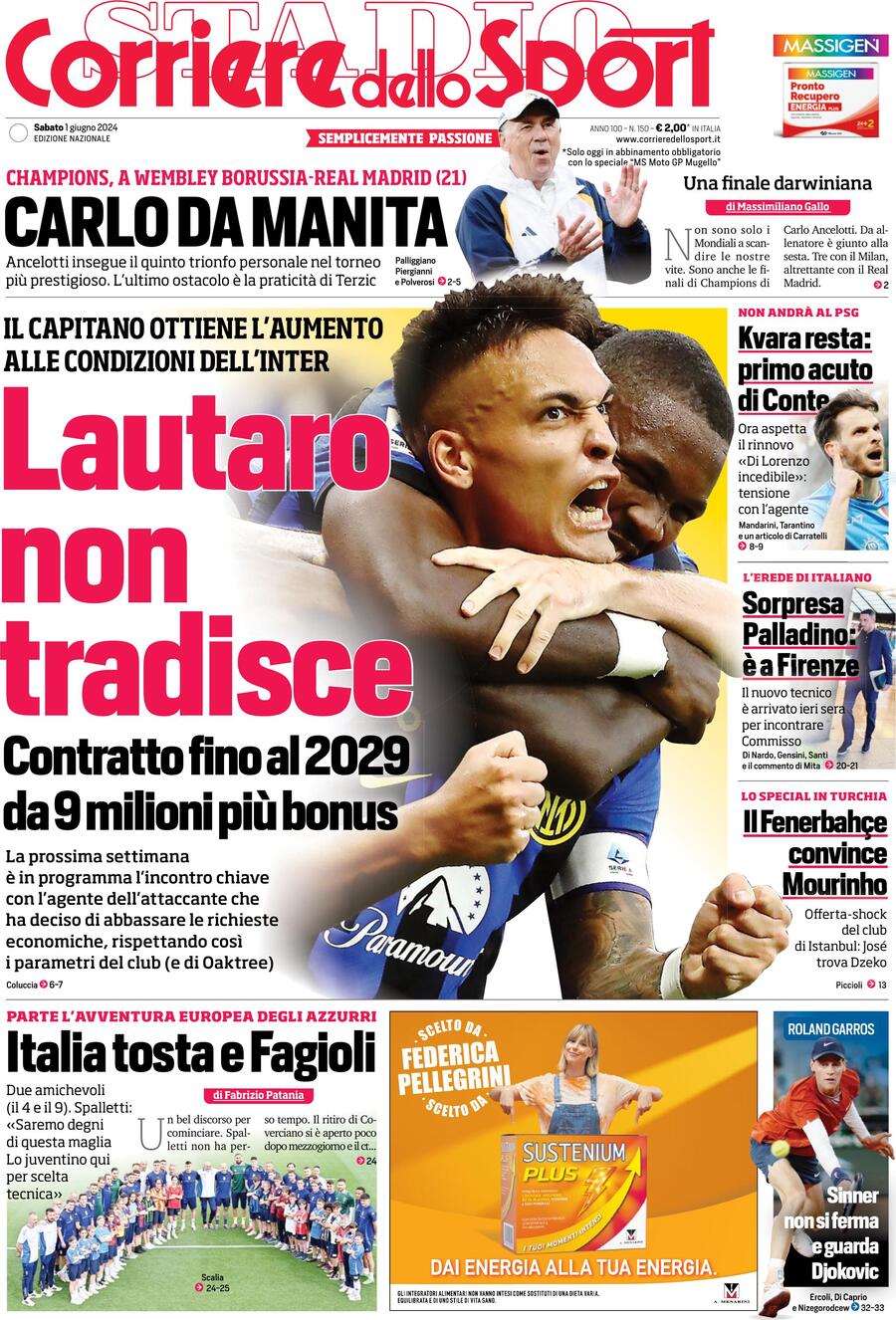 Prima Pagina Corriere dello Sport 01/06/2024