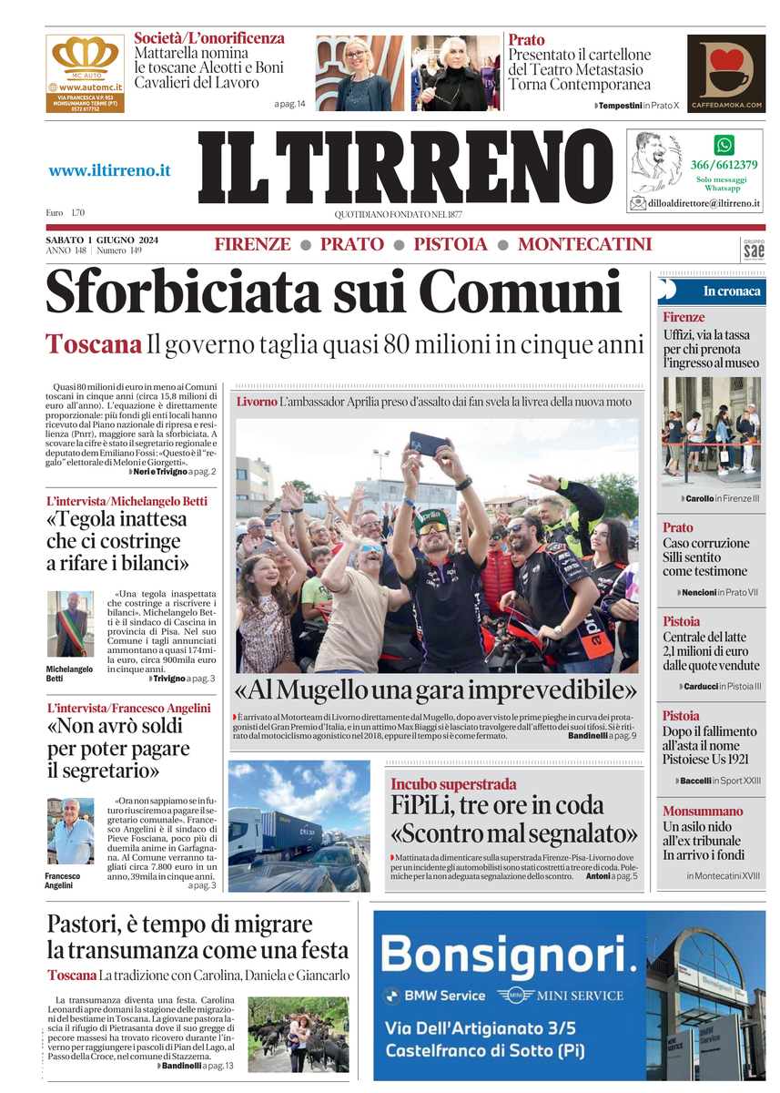 Prima Pagina Il Tirreno (Pistoia, Montecatini, Prato) 01/06/2024