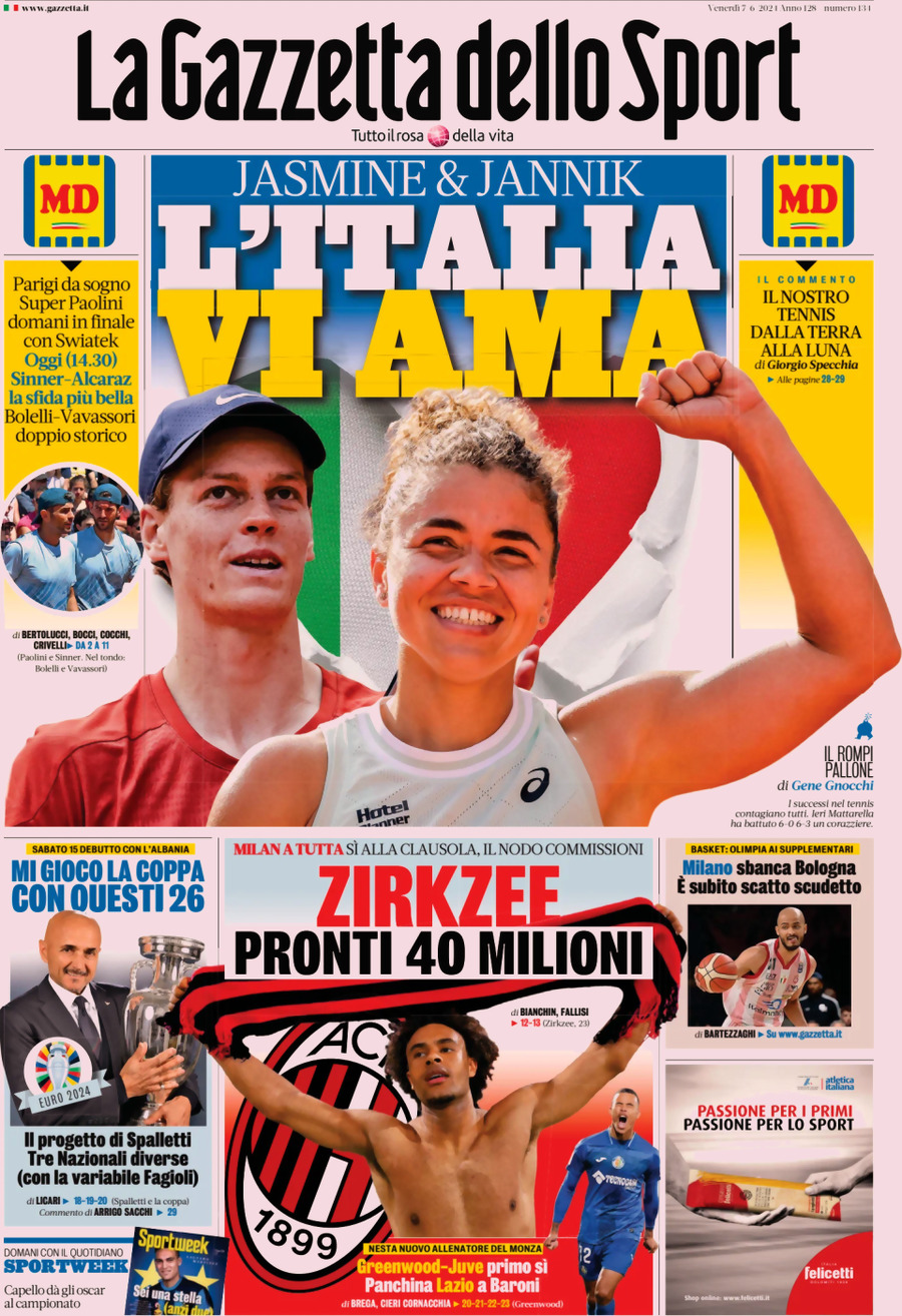 Prima Pagina La Gazzetta dello Sport 07/06/2024