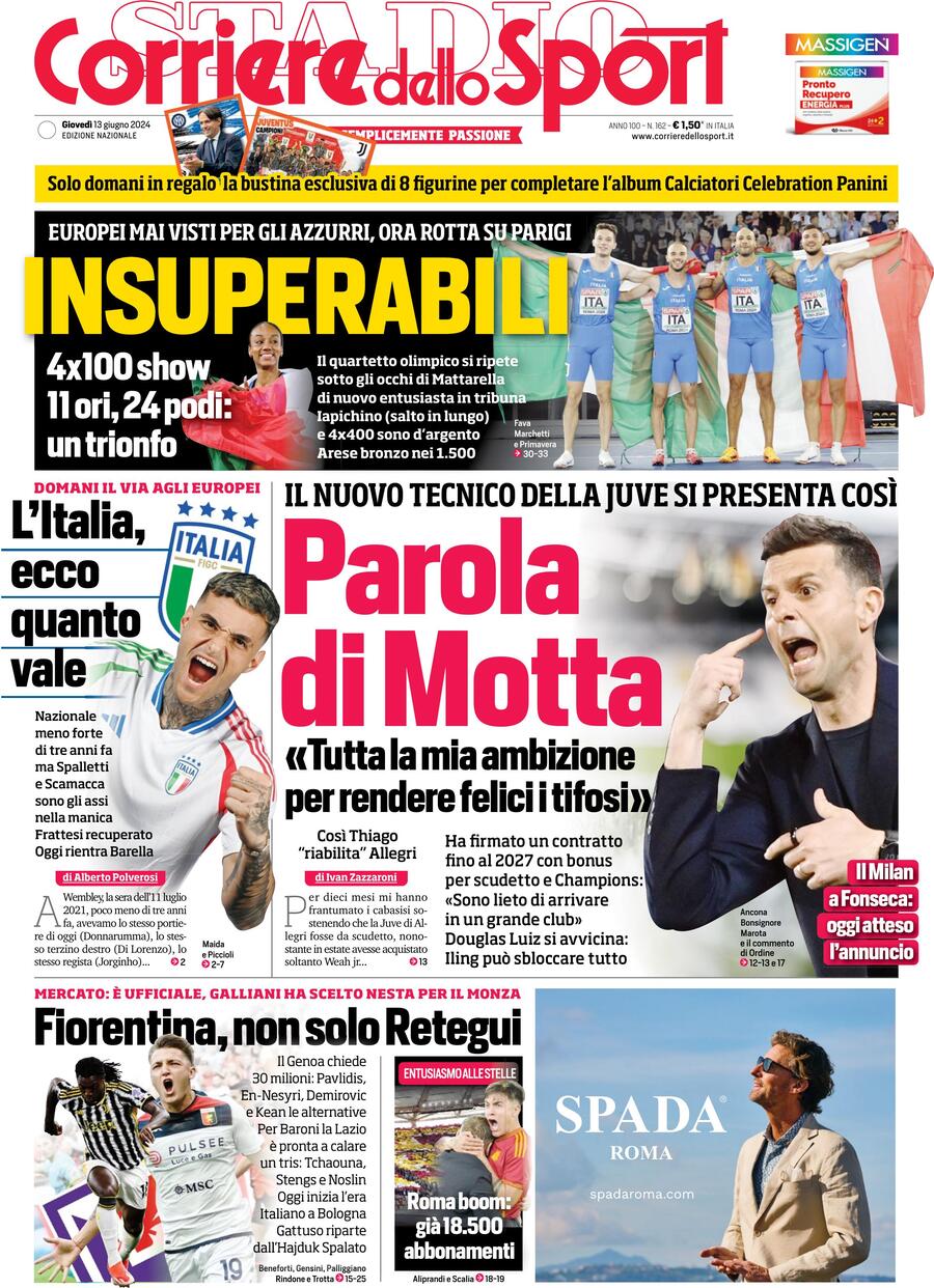 Prima Pagina Corriere dello Sport 13/06/2024
