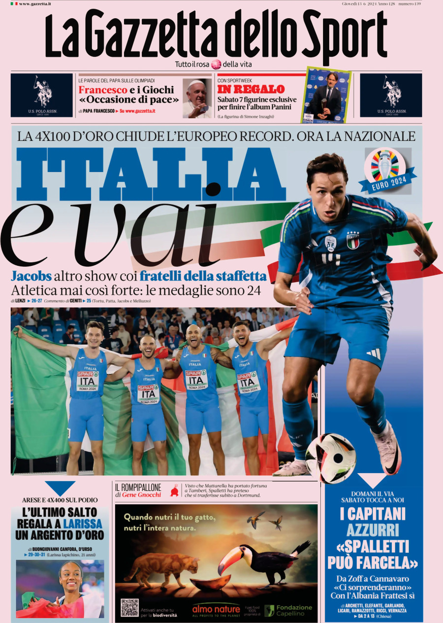 Prima Pagina La Gazzetta dello Sport 13/06/2024