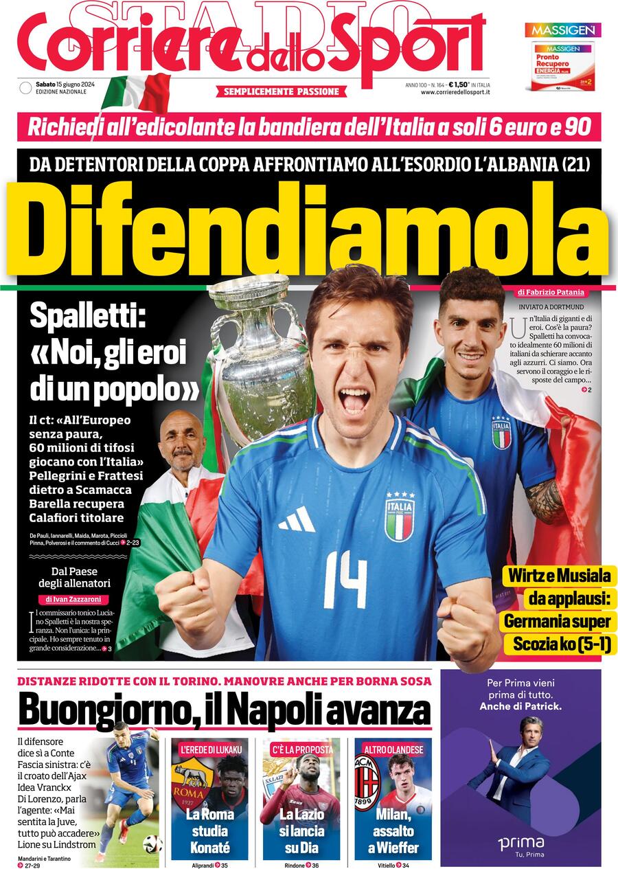 Prima Pagina Corriere dello Sport 15/06/2024