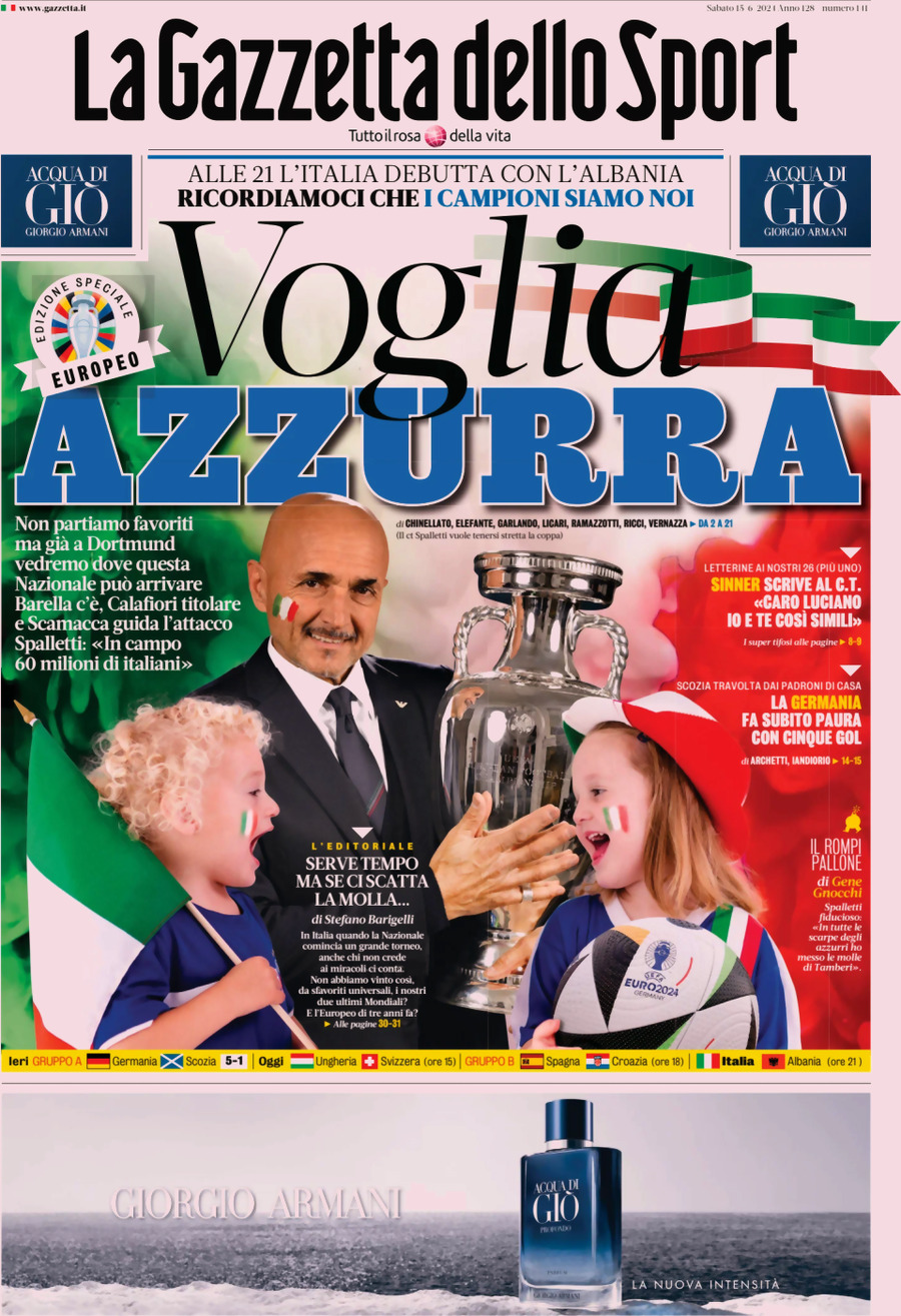 Prima Pagina La Gazzetta dello Sport 15/06/2024
