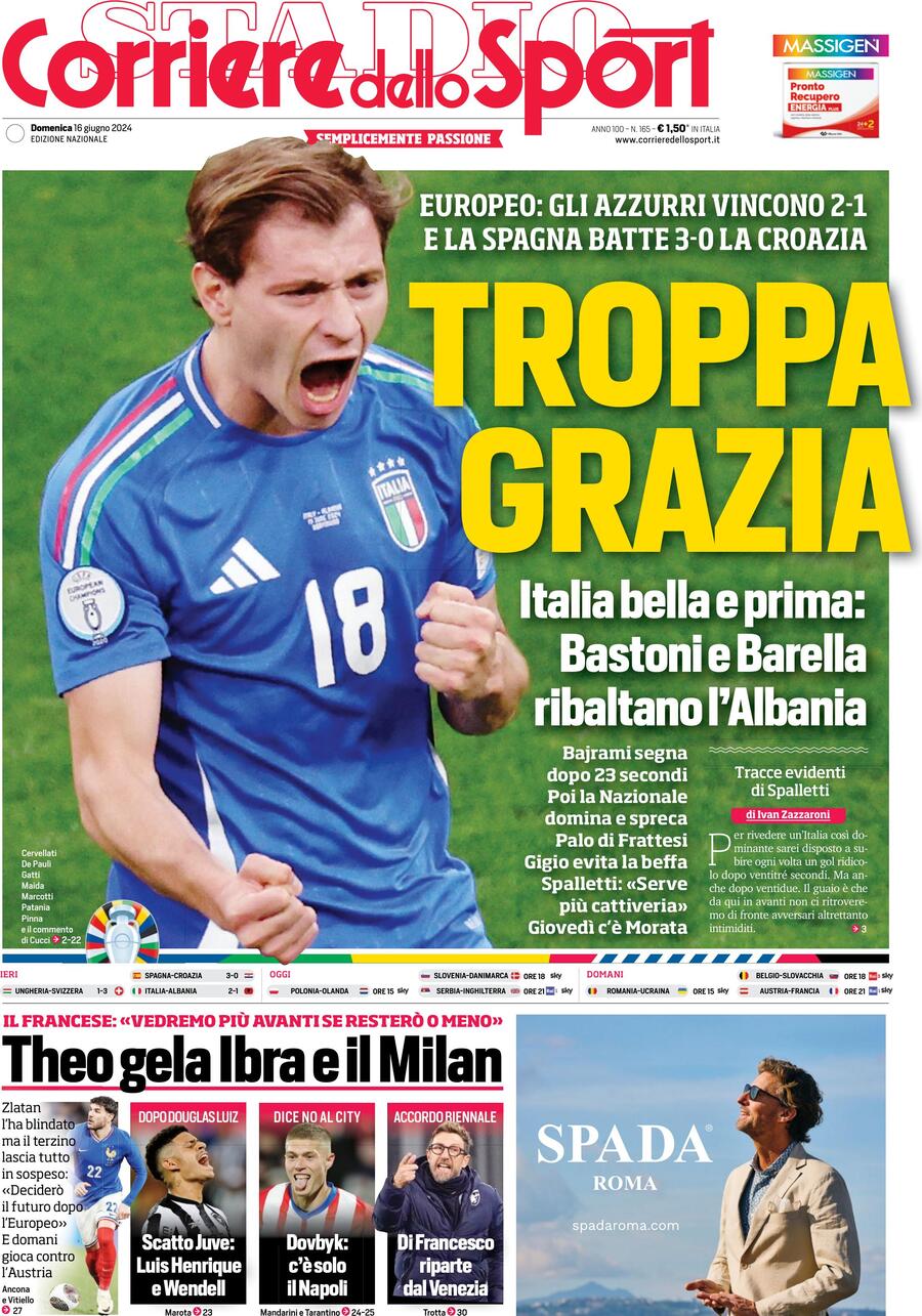 Prima Pagina Corriere dello Sport 16/06/2024