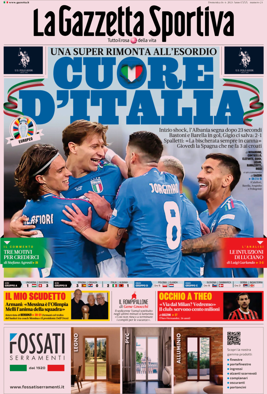 Prima Pagina La Gazzetta dello Sport 16/06/2024
