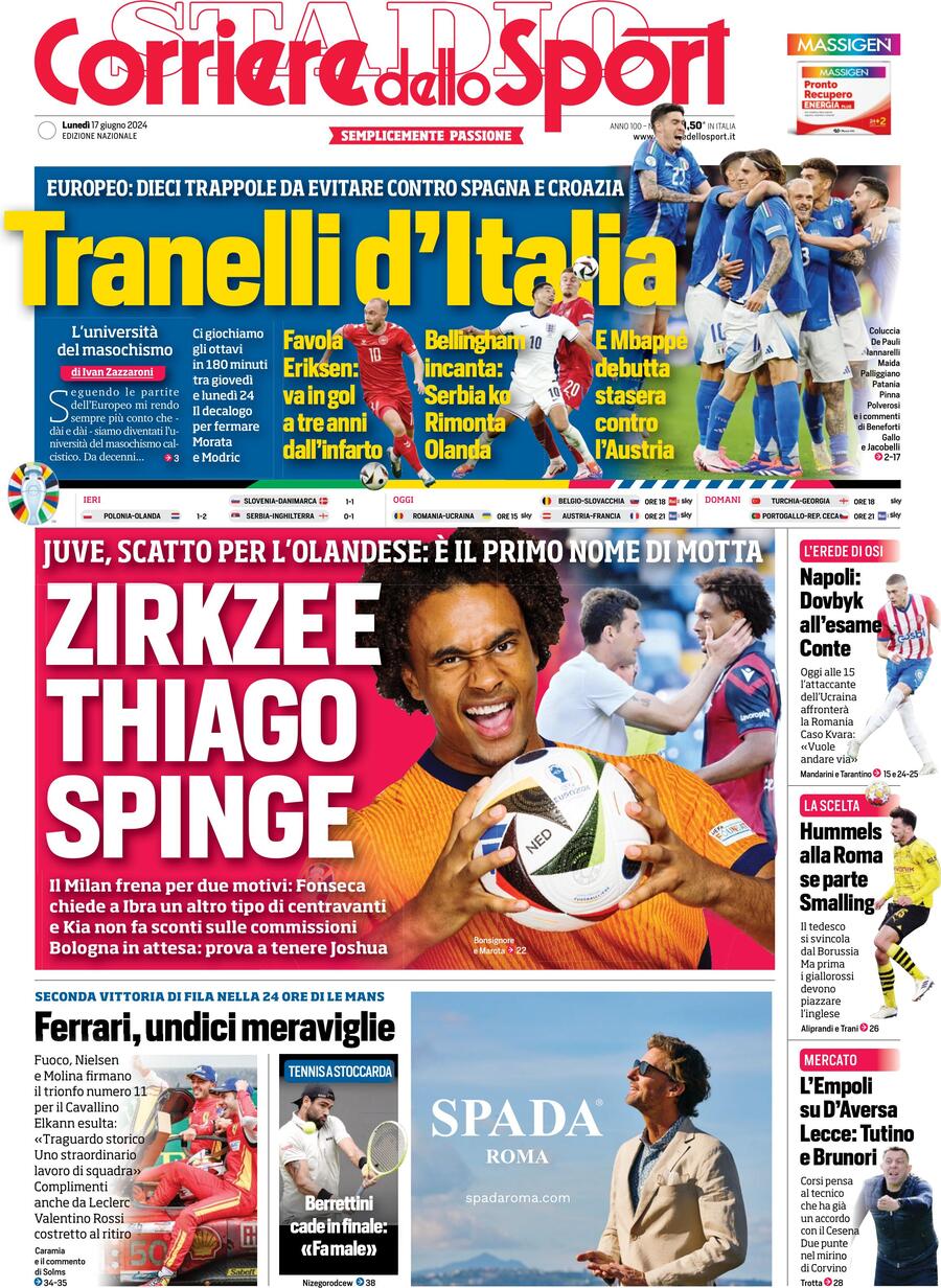 Prima Pagina Corriere dello Sport 17/06/2024