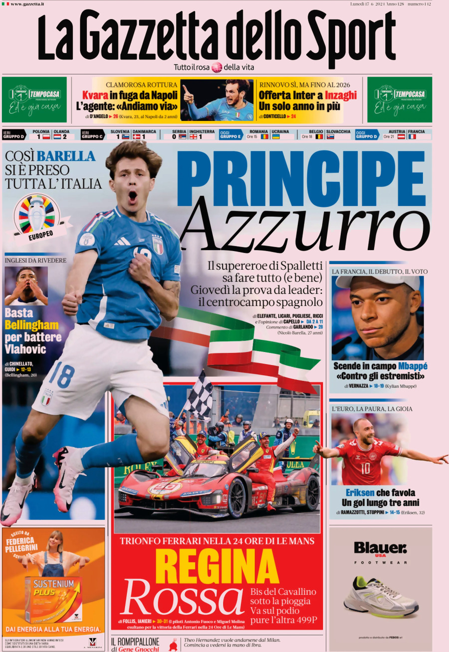 Prima Pagina La Gazzetta dello Sport 17/06/2024