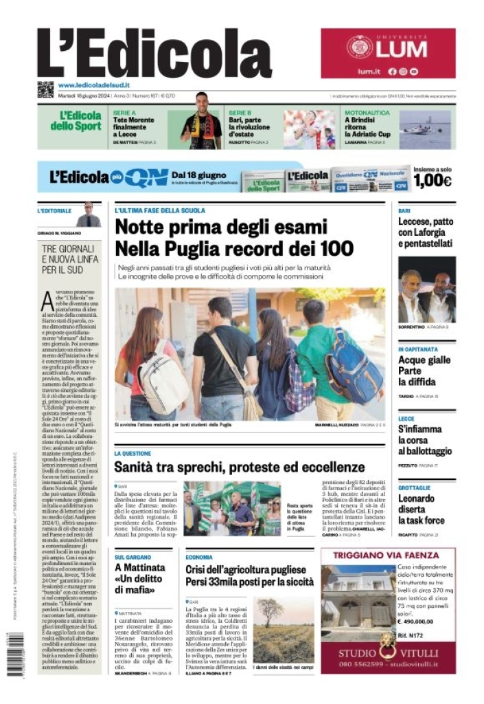 Prima Pagina L'Edicola del Sud (Lecce) 18/06/2024